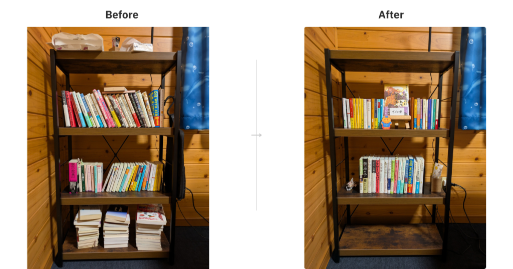 物を手放すことにハマり、本棚3つ、漫画本を300冊手放しましたが、Kindle Unlimitedを使う前は左のようなシェルフの状態でした。Kindle Unlimitedを使うようになってからは無理なく本を手放せるようになりました。お陰で右側のように本当に手元に置きたい本だけで過ごせています。