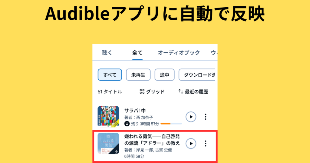 Amazon Music Unlimitedアプリで追加した作品は、Audibleアプリのライブラリにも自動的に追加されます。